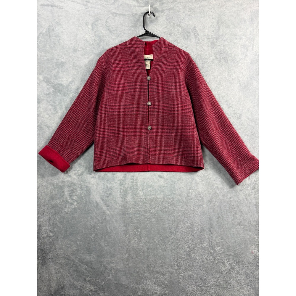 L.L.Bean Womens M Red Plaid Button-Up Cardigan Wool Blend Jacket Quiet Luxury